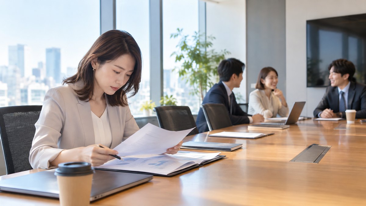 平日の朝、会議が始まる前の会議室で、手前の席の30代の女性が1人だけ資料を真剣に読み込み、奥で同僚3人が笑顔で雑談している遠景。資料やモニターに文字は見えない