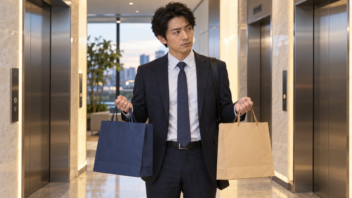 平日の夕方、オフィスビルのエレベーターホールで、30代の男性会社員が左右の手に色の違う紙袋を1つずつ提げ、どちらへ向かうか少し迷った表情で立っている近景。紙袋や壁に文字やロゴは無い