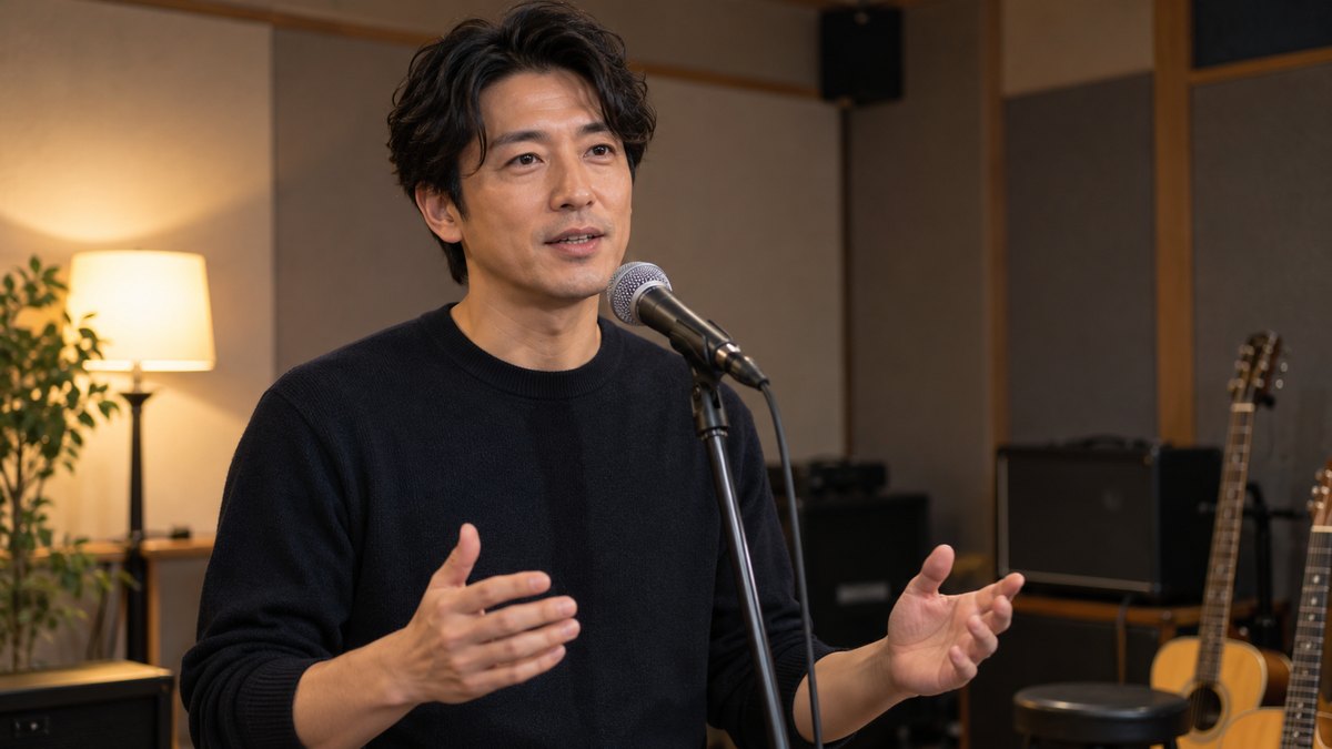 平日の夜、小さな防音の練習室で、40代の男性がスタンドマイクの前に立ち、原稿を持たずに前を向いて落ち着いた表情で話している近景。壁や機材に文字やロゴは無い