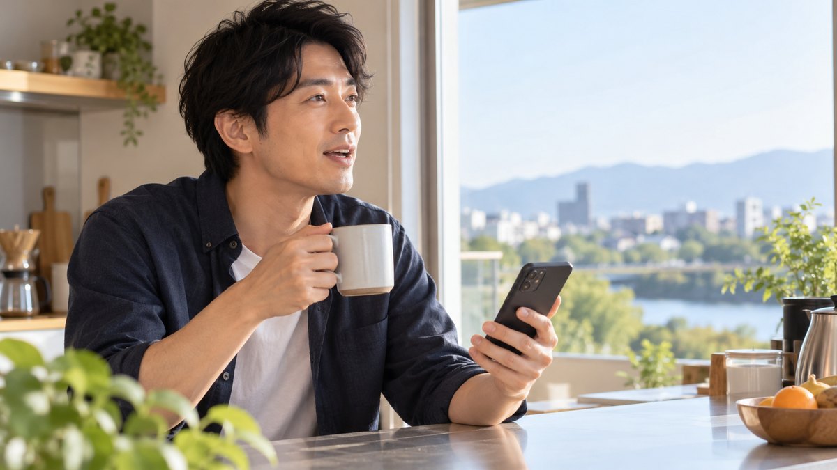 早朝、自宅のキッチンのカウンターで、30代の男性がマグカップを片手に、もう片方の手でスマホのストップウォッチを見ながら窓の外の景色を短く言葉にする練習をしている近景。スマホの画面の文字は見えない