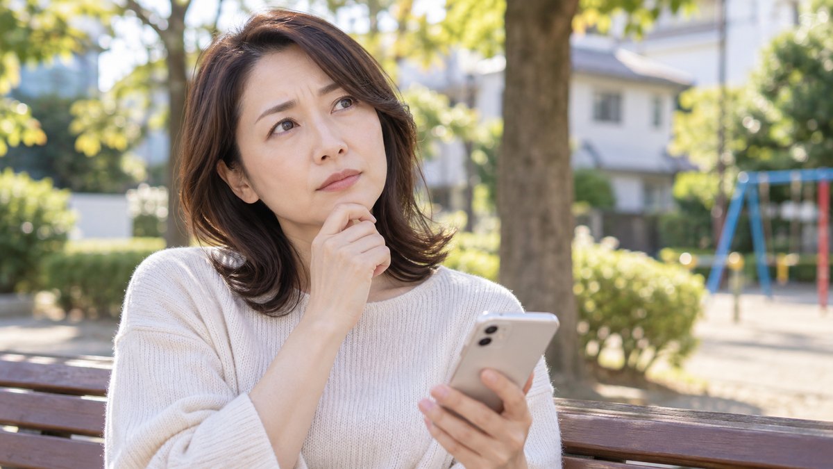 休日の午後、住宅街の小さな公園のベンチで、40代の女性がスマホを片手に持ち、もう片方の手を口元に当てて、何かを思い出そうと考えている近景。スマホの画面の文字は見えない
