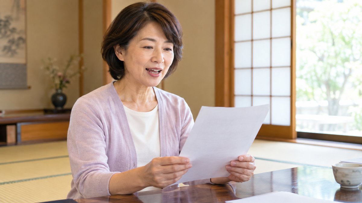 週末の午前、地域の公民館の小さな和室で、50代の女性が座卓に向かい、紙を手に持って背すじを伸ばし、声に出して読んでいる近景。紙の文字は見えない