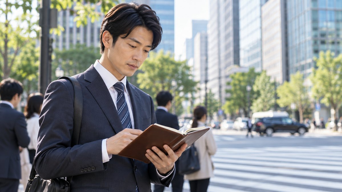 平日の朝、オフィス街の横断歩道の手前で、30代の男性会社員が信号を待ちながら、手帳を開いて今日の予定を確かめている近景。手帳の文字は読めない