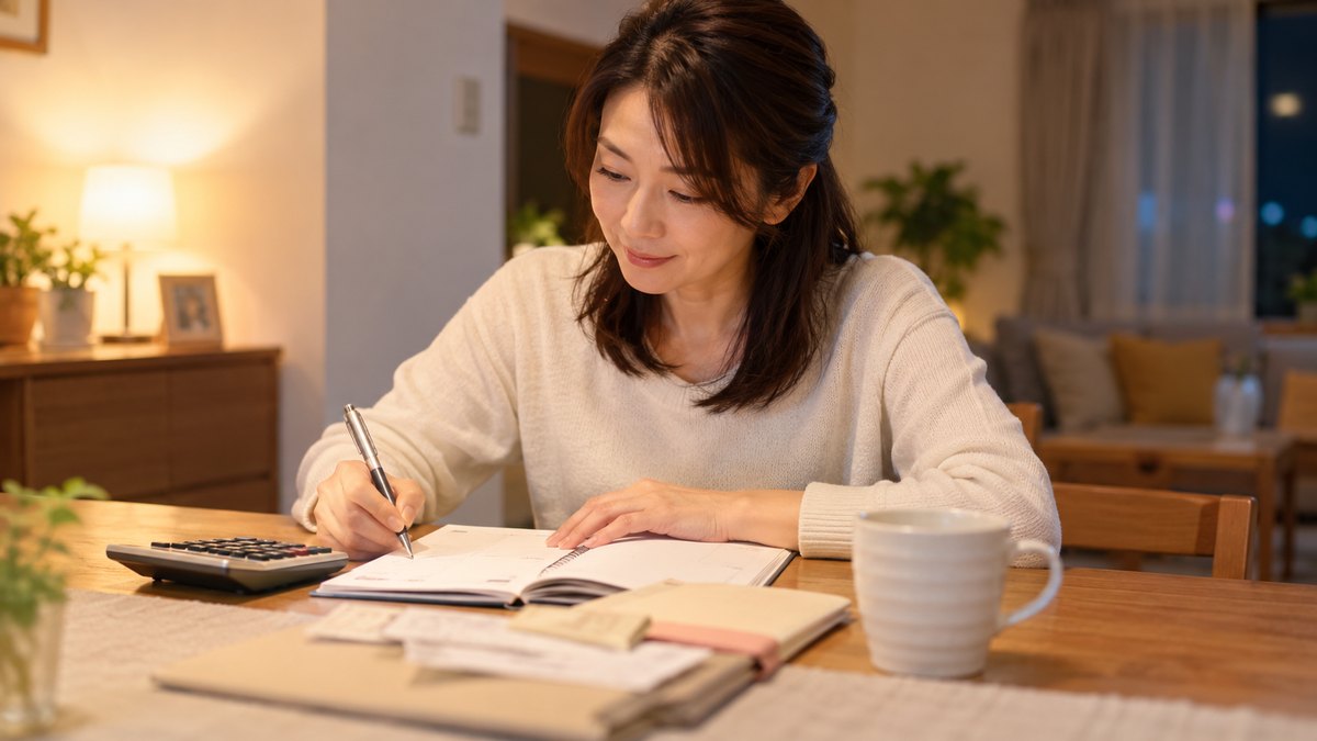 平日の夜、自宅のダイニングテーブルで、40代の女性が電卓と手帳を前に置き、ペンを持って落ち着いた表情で予定を書き込んでいる近景。電卓と手帳の文字や数字は読めない
