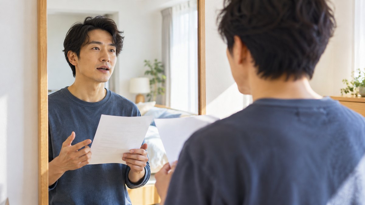 休日の朝、自宅の明るい寝室の姿見の前で、30代の男性が1枚の原稿を手に持ち、鏡の中の自分を見ながら声に出して読む練習をしている近景。原稿の文字は見えない