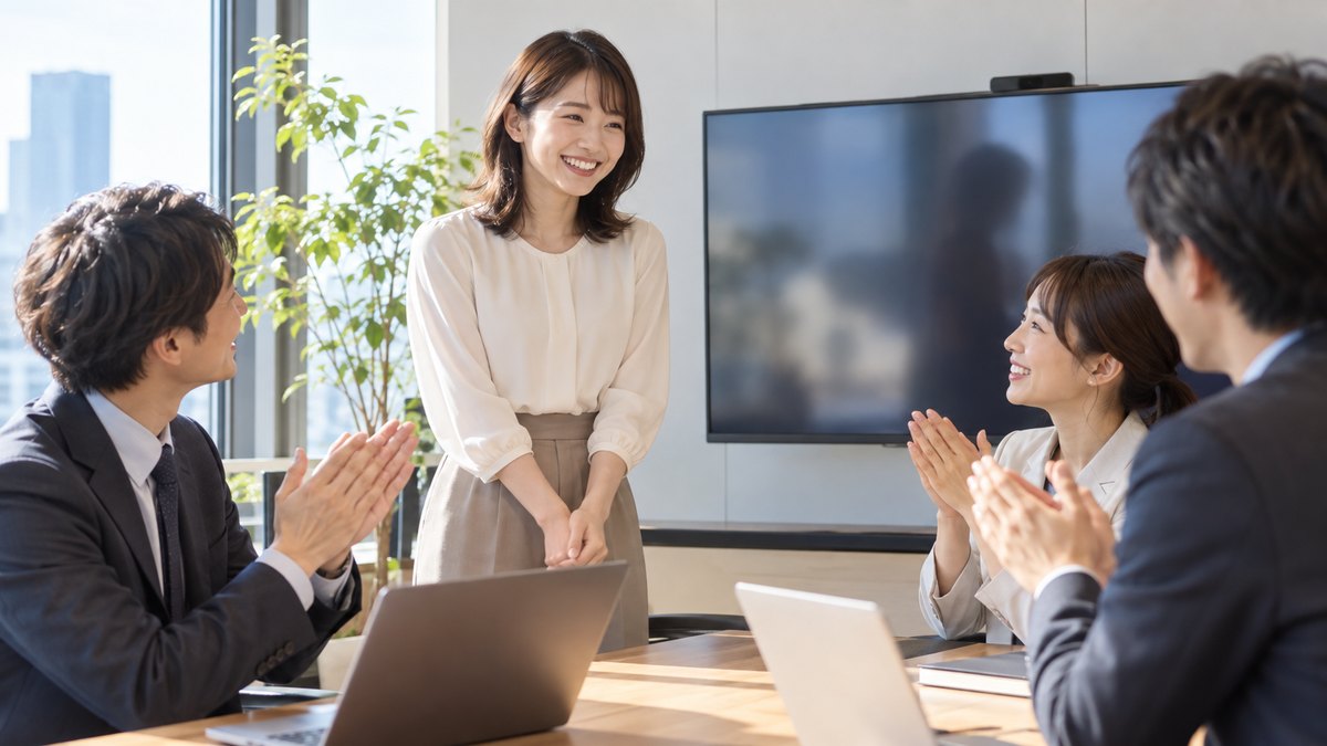 平日の午後、会社の小さな会議室で、30代の女性会社員が同僚3人の前で短い発表を終え、同僚たちが温かくほほえんで拍手している近景。モニターや資料に文字は見えない