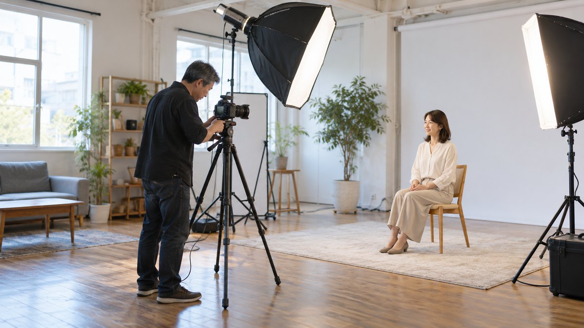 週末の昼、テレビ局ではない一般の小さな撮影スタジオで、40代の男性カメラマンが三脚のカメラを調整し、30代の女性がライトの前の椅子に座って出番を待っている遠景。機材や壁に文字やロゴは無い