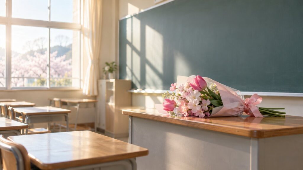誰もいない朝の教室の教卓に置かれた春の花束