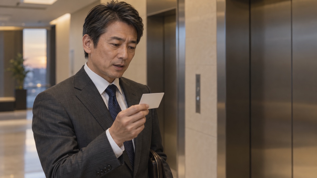 夕方、会社のエレベーターホールで、手のひらに収まる小さなメモカードを持った人が送別会の言葉を確かめている