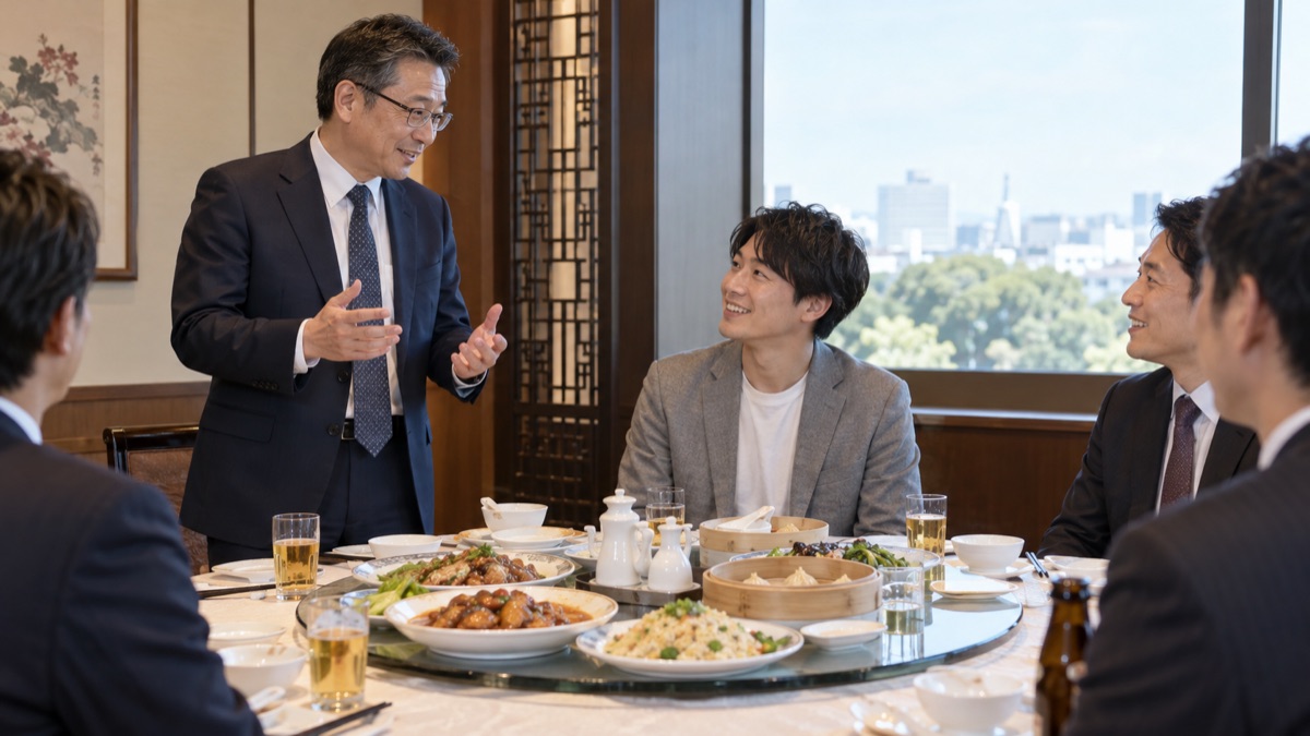 中華料理店の円卓で、上司が席から立って退職する部下に送る言葉を話している