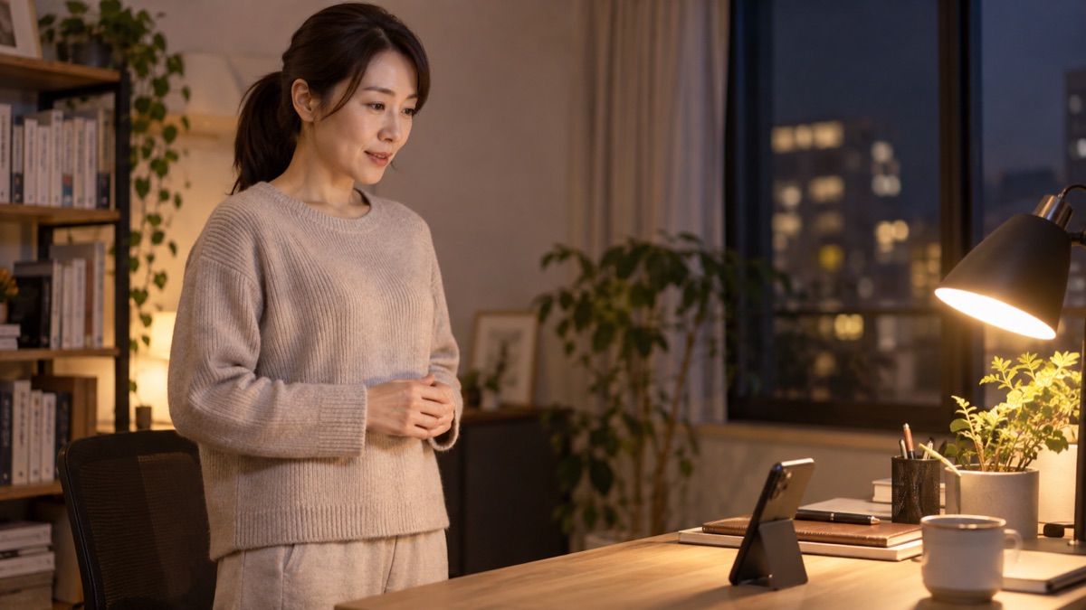 夜の自宅の書斎で、スマートフォンのタイマーを見ながら挨拶を声に出して練習している