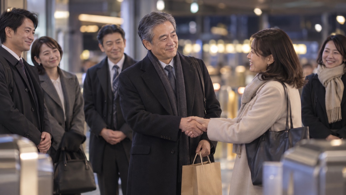 送別会の帰り道、駅の改札の前で主役と同僚が笑顔で握手をして別れている