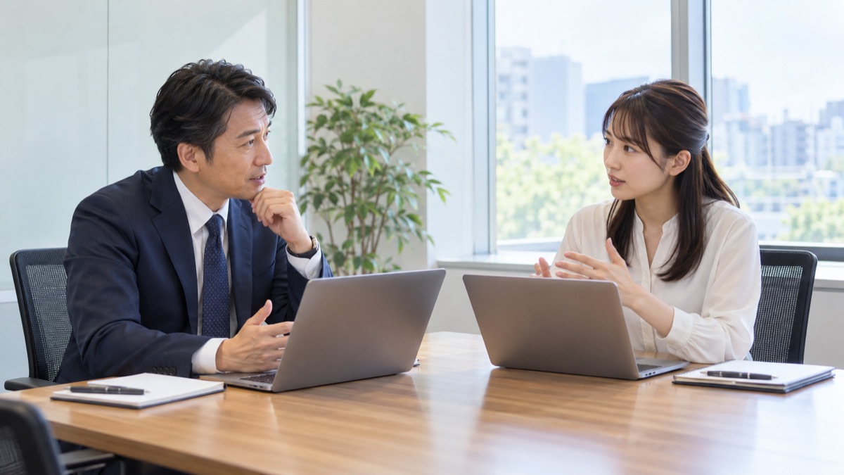 小さな会議室で、課長と幹事が送別会の挨拶を誰に頼むか打ち合わせている