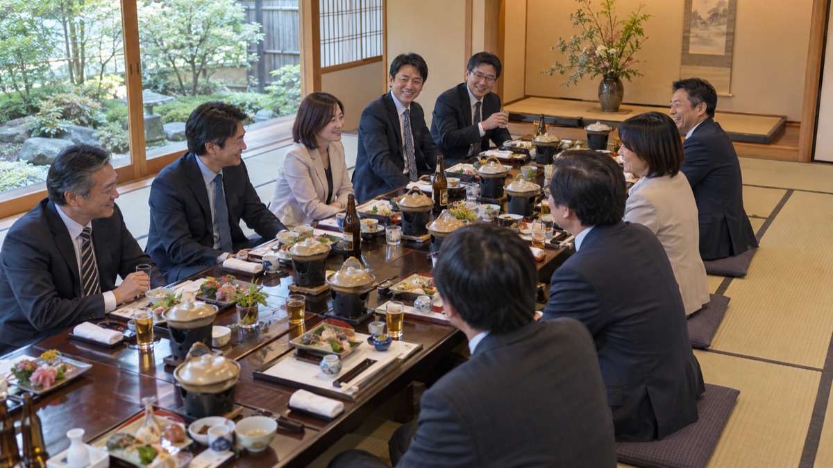 座敷の宴会場で、社員たちが席に着いて送別会の開会を待っている