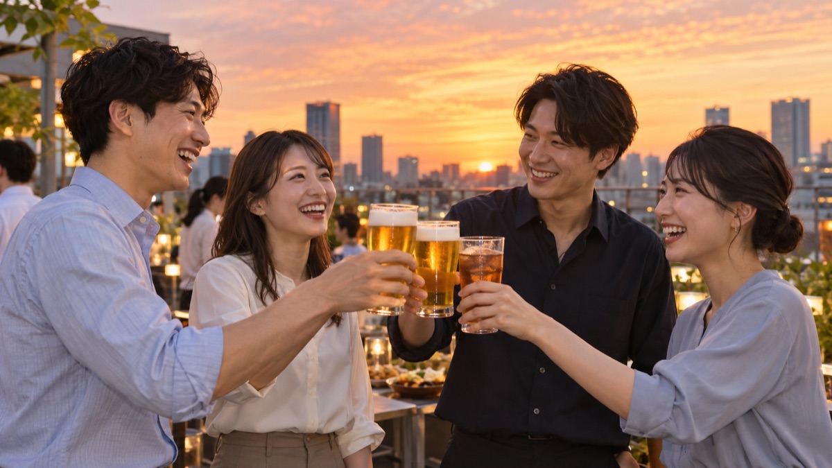 夕方のビルの屋上ビアガーデンで、若手社員たちがビールとウーロン茶のグラスを合わせて乾杯している