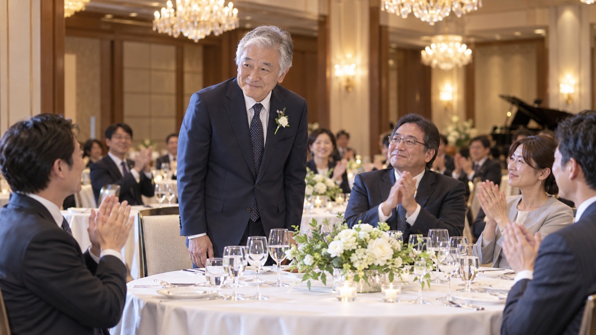 ホテルの宴会場の丸テーブルで、定年退職する主役が拍手で迎えられている