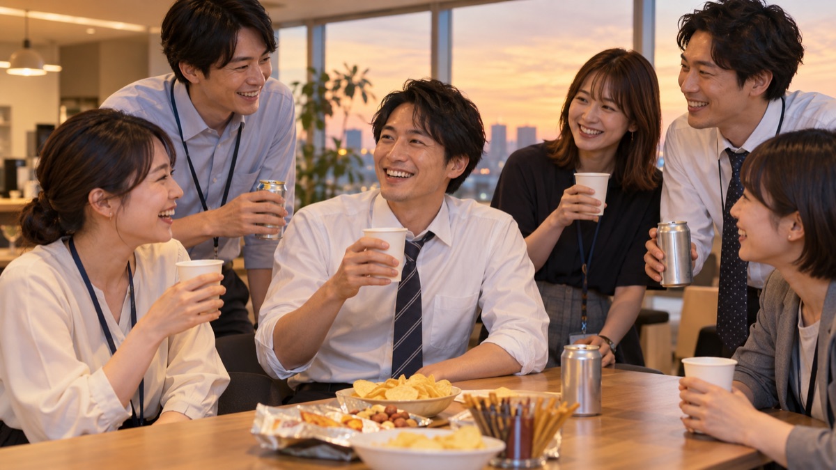 終業後の社内の休憩室で、転勤する社員を囲んで飲み物を手にささやかな送別会をしている