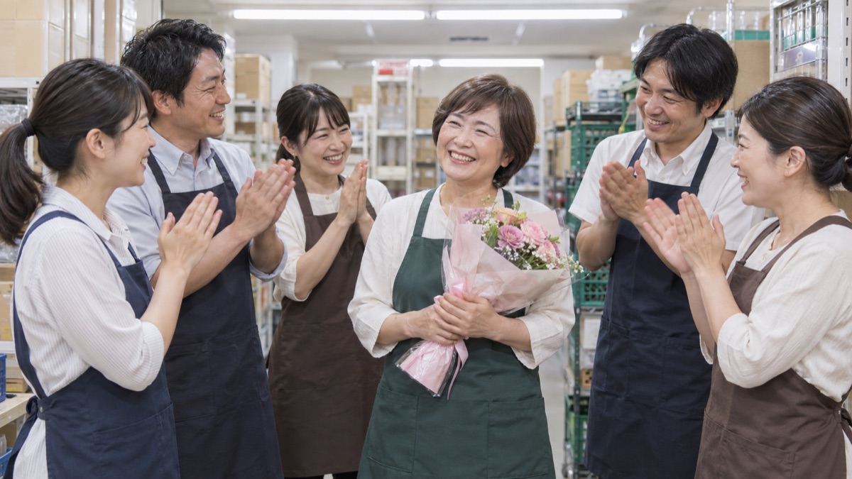 閉店後の店舗のバックヤードで、スタッフが輪になって主役に大きな拍手を送っている