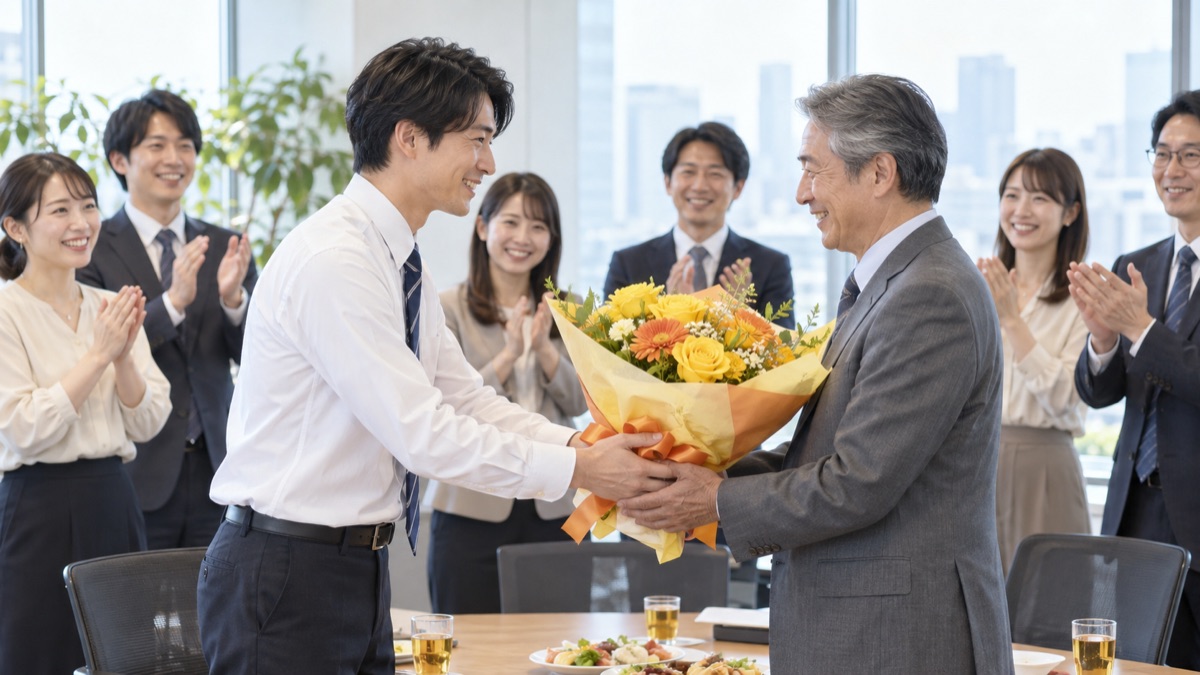 終業後の会議室で、部下の代表が定年退職する上司に花束を手渡している