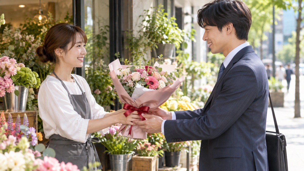 昼の花屋の店先で、幹事が送別会で渡す花束を受け取っている