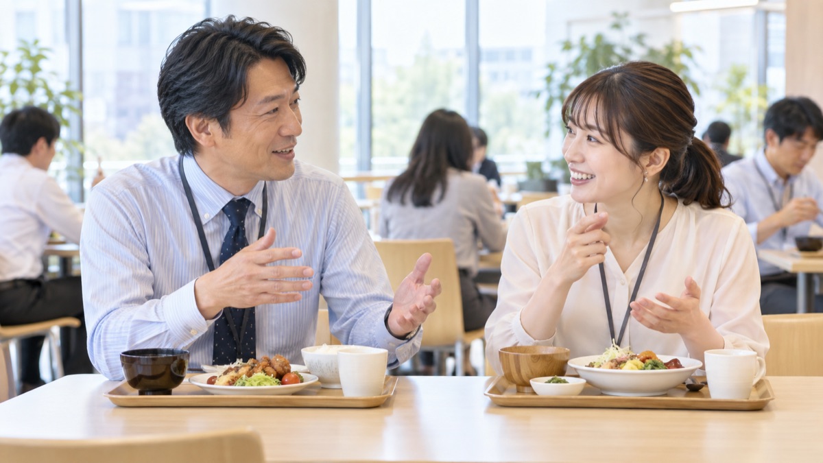 社員食堂で、昼休みに同僚へ送別会の挨拶の短い言い方を相談している