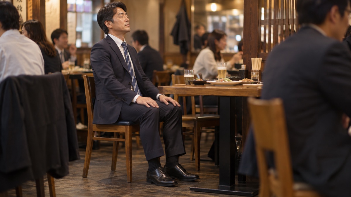 送別会の席で、話す順番を待つ人が足の裏を床につけて座り、ひと呼吸おいている