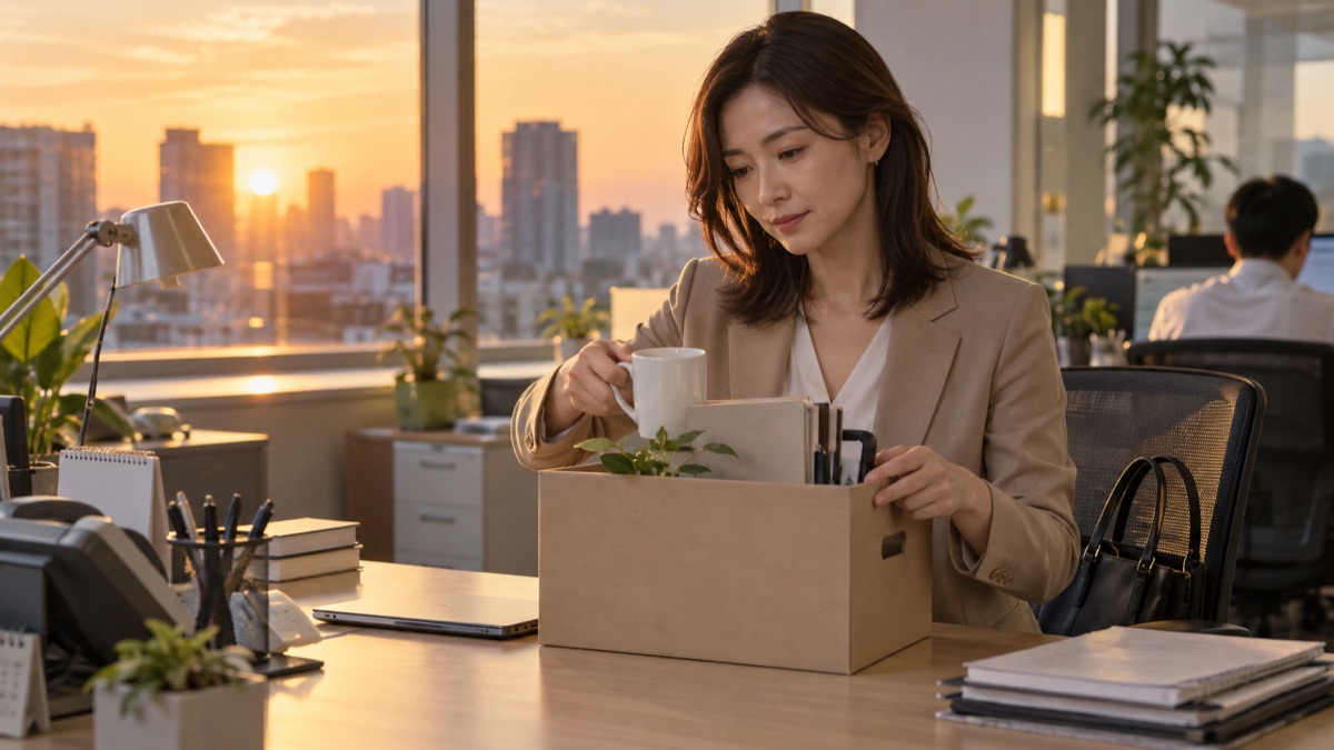 最終出社日の夕方、主役が自分の席の机を片付けて小さな箱に私物をしまっている