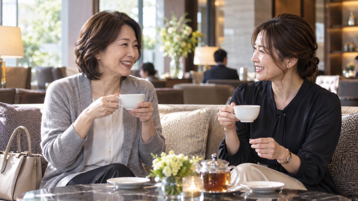 ホテルのラウンジで、送られる側の女性が同僚と紅茶を飲みながら思い出を話している