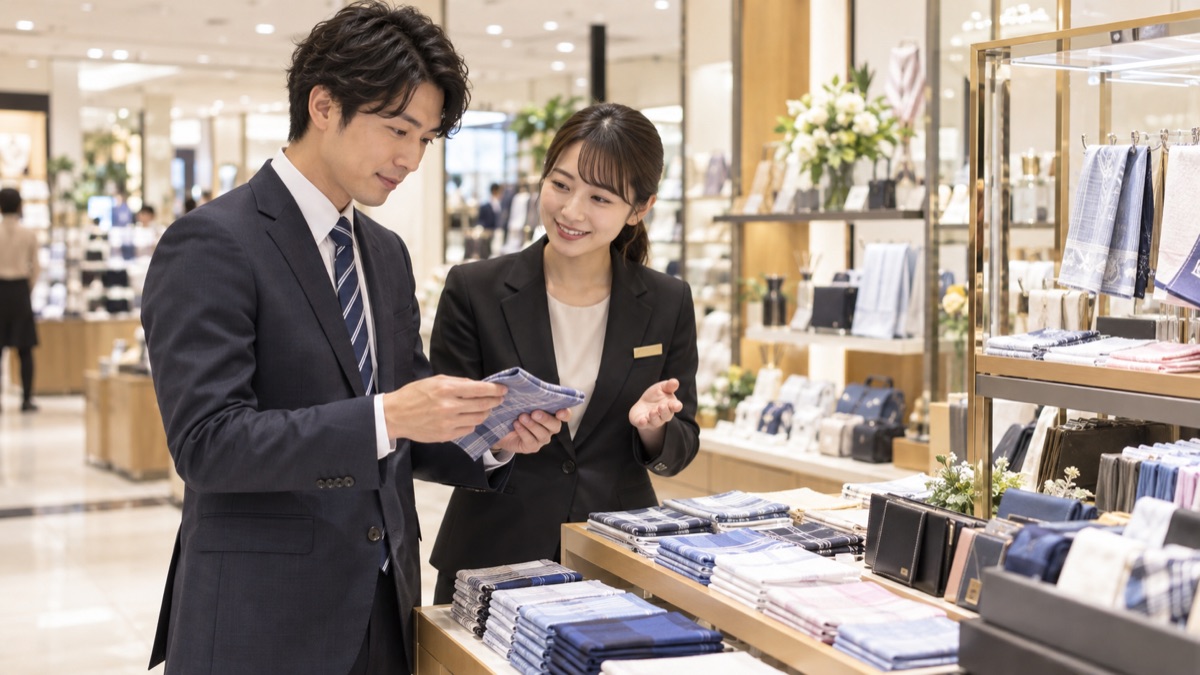 百貨店の売り場で、幹事が送別会で渡す記念品を選んでいる