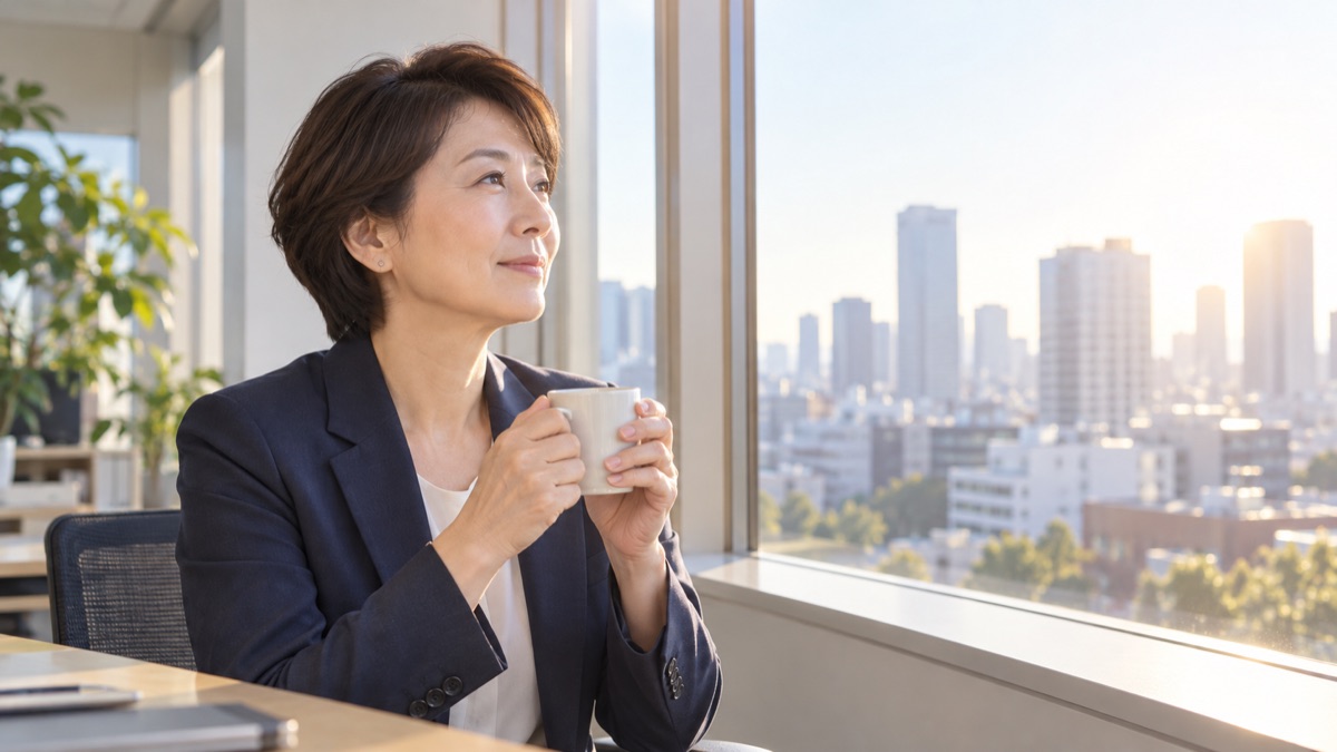 朝のオフィスの窓辺で、ベテラン社員がコーヒーを手に一人で考えごとをしている