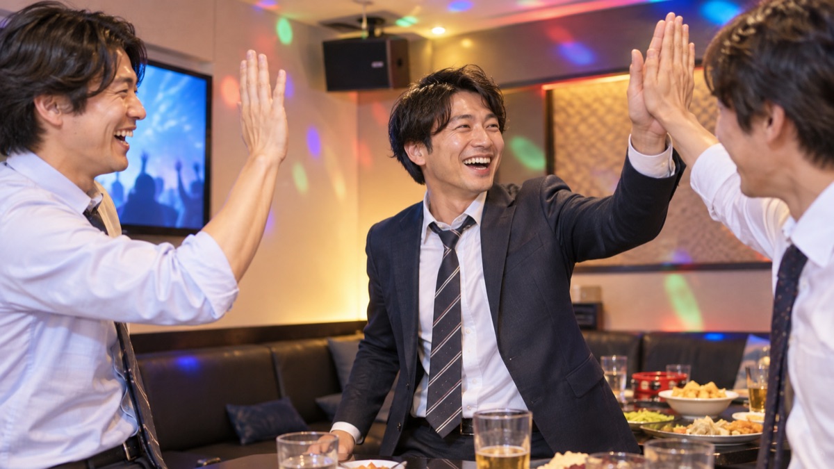 カラオケ店のパーティールームで、二次会の終わりに主役が同僚と笑顔でハイタッチしている
