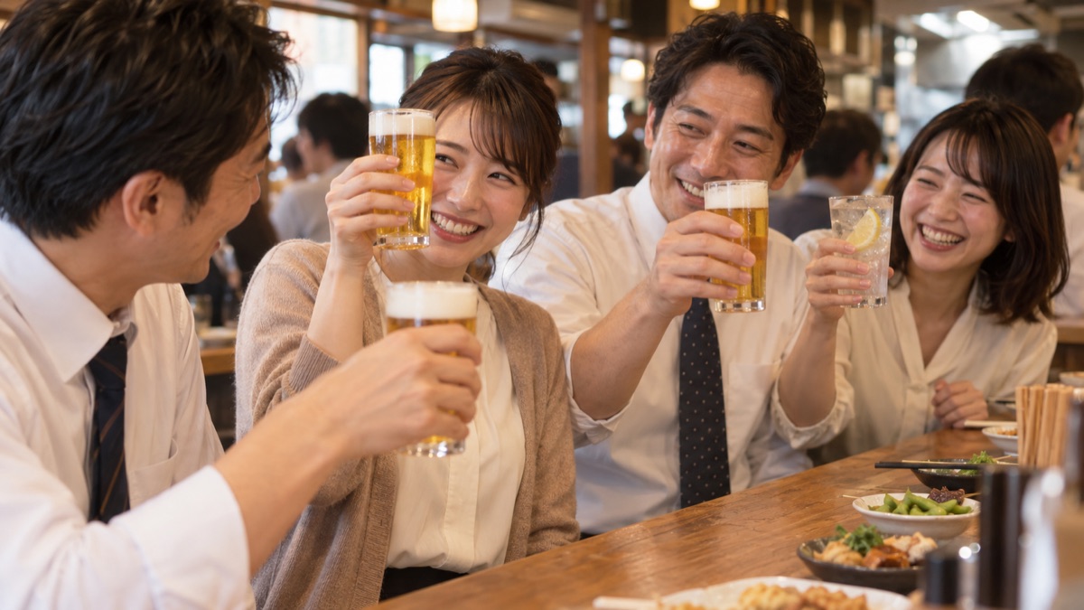 立ち飲み屋のカウンターで、急に乾杯を振られた人が照れ笑いでグラスを上げている