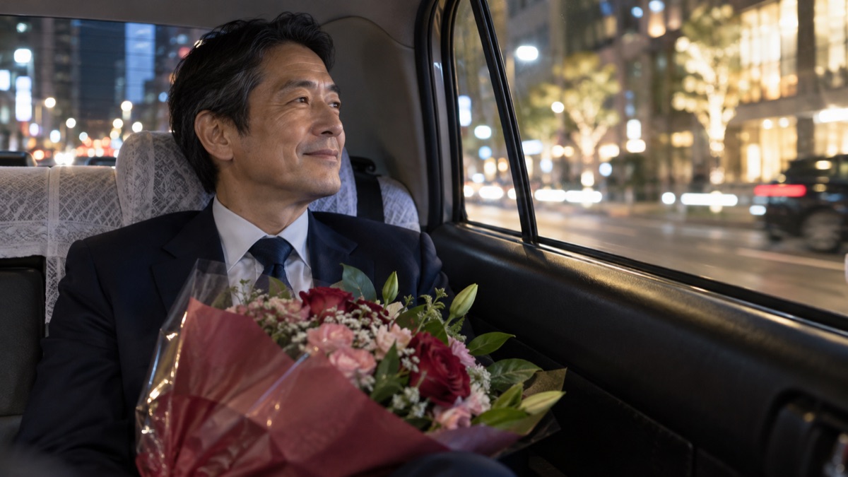 送別会の帰りのタクシーで、主役が花束をひざに乗せて窓の外を見ながらほほえんでいる