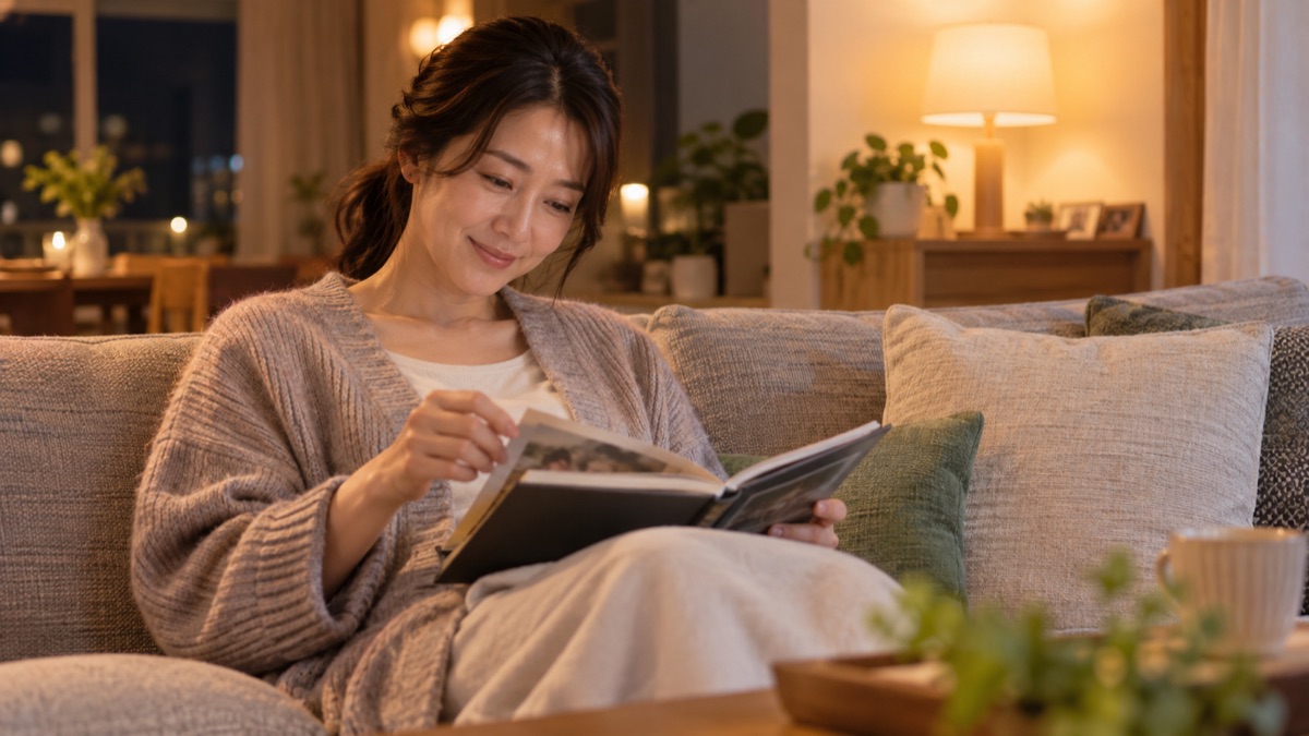 送別会の前の晩、自宅のソファで主役が職場の思い出の写真を見返している