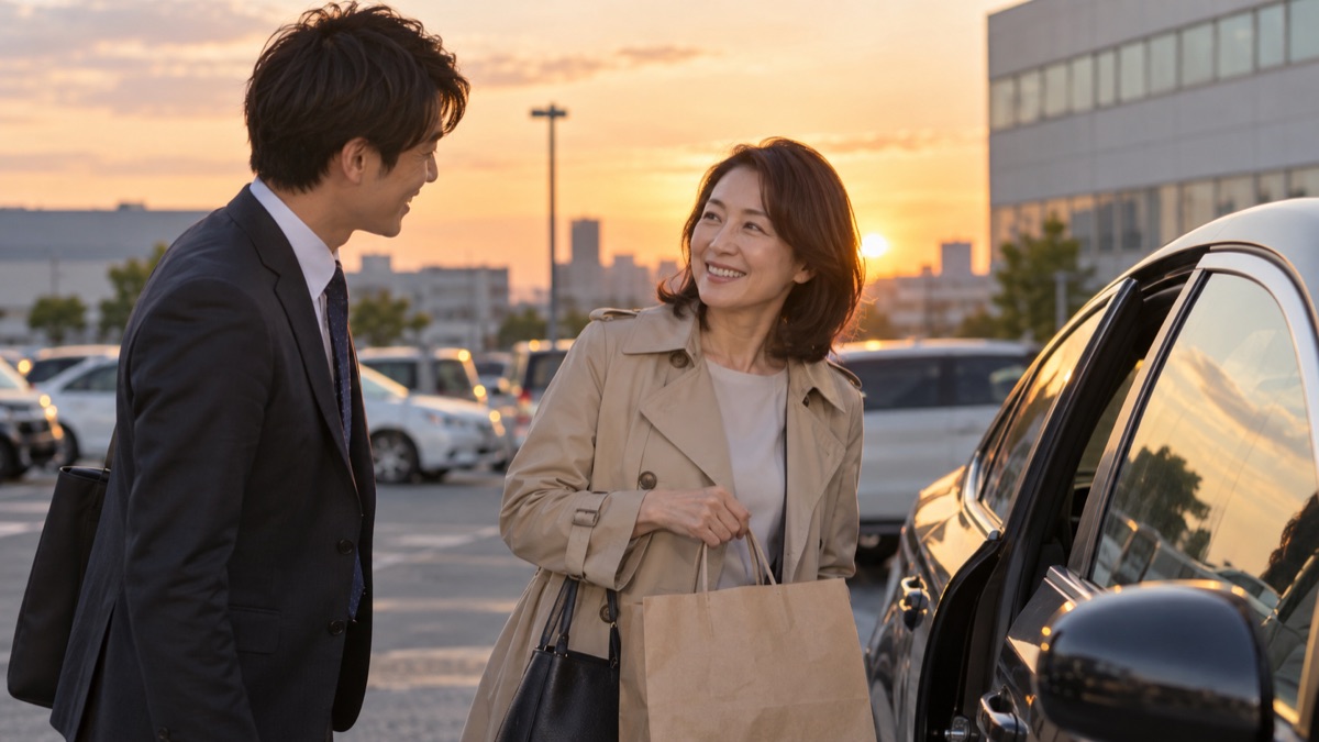 夕方の会社の駐車場で、最終出社日の主役に同僚が短く声をかけ、二人で笑っている