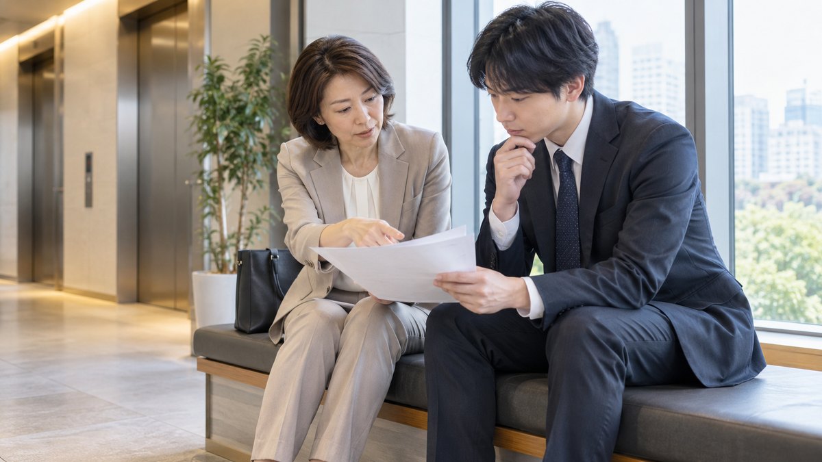 会社のエレベーターホールの窓際のベンチで、40代の女性課長と20代の男性幹事が並んで座り、紙の進行表をのぞき込みながら時間の割り振りを話している