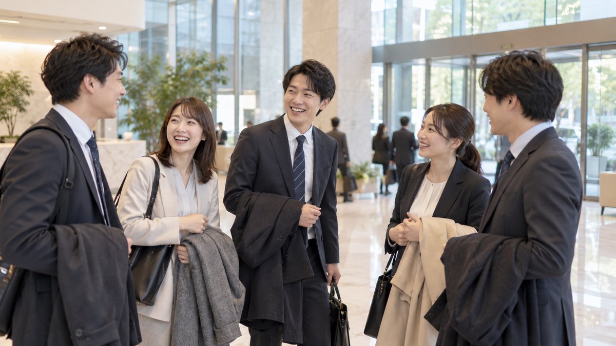 オフィスビルの1階のロビーで、別の部署の社員たちがコートを手に集まり、送別会の会場へ一緒に向かおうと笑顔で話している