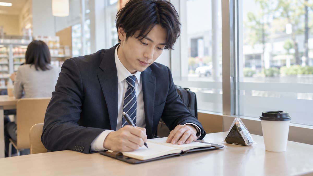 会社の近くのコンビニのイートインで、20代の男性社員がおにぎりを横に置き、手帳を開いてボールペンで短いメモを書き込んでいる
