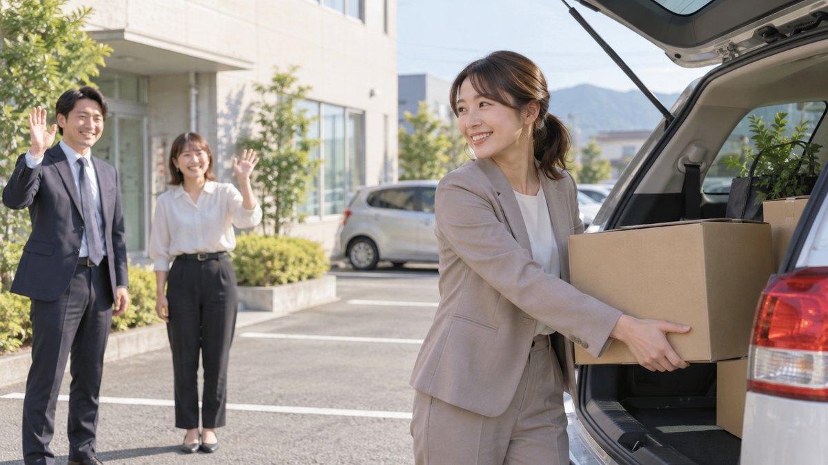地方の支店の駐車場で、転勤する30代の女性が段ボール箱を車の荷台に積み込み、見送りに出てきた同僚2人が手を振っている