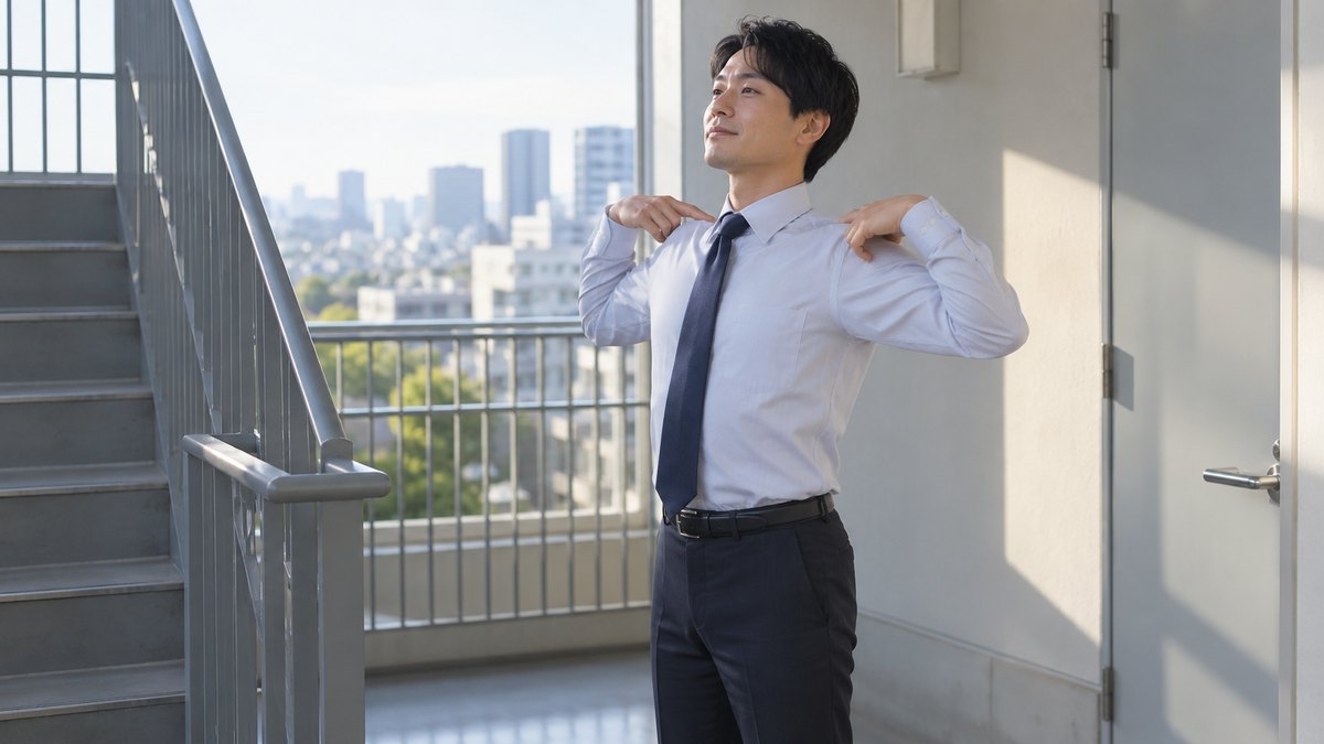 朝のオフィスビルの非常階段の踊り場で、30代の男性が背筋を伸ばして立ち、両肩をゆっくり回して力を抜いている