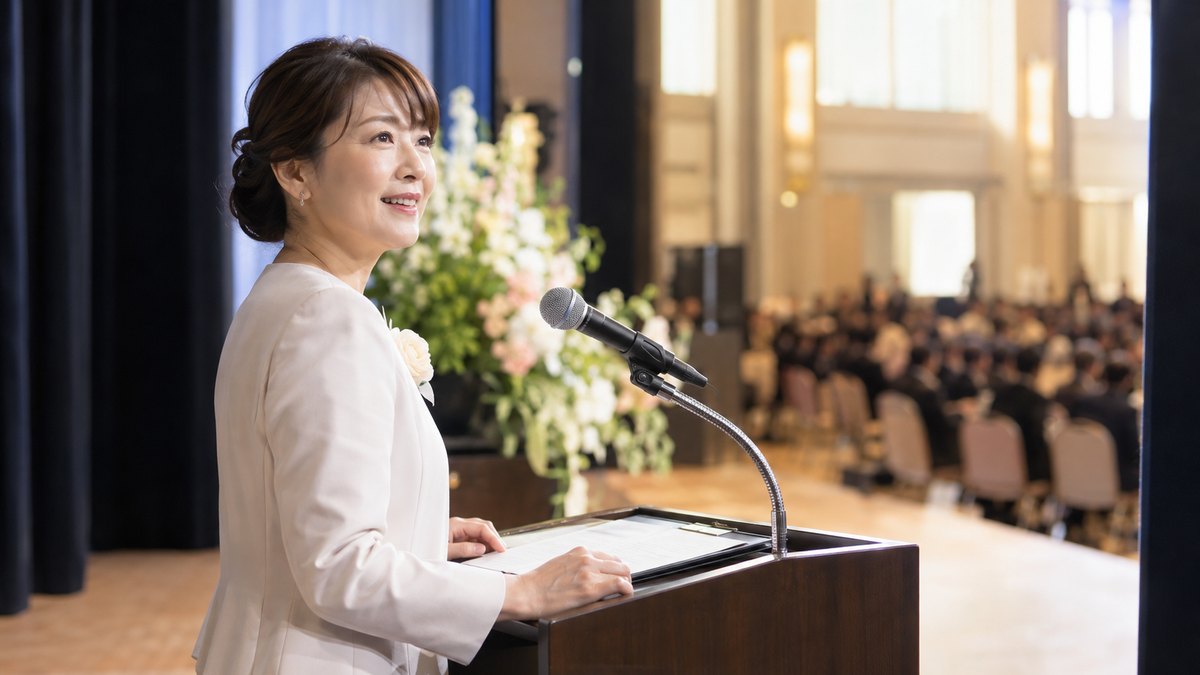 式典会場のステージの袖で、40代の女性司会者が司会台に置いた台本に軽く目を落とし、顔を上げて客席に語りかけようとしている。台本の文字は見えない