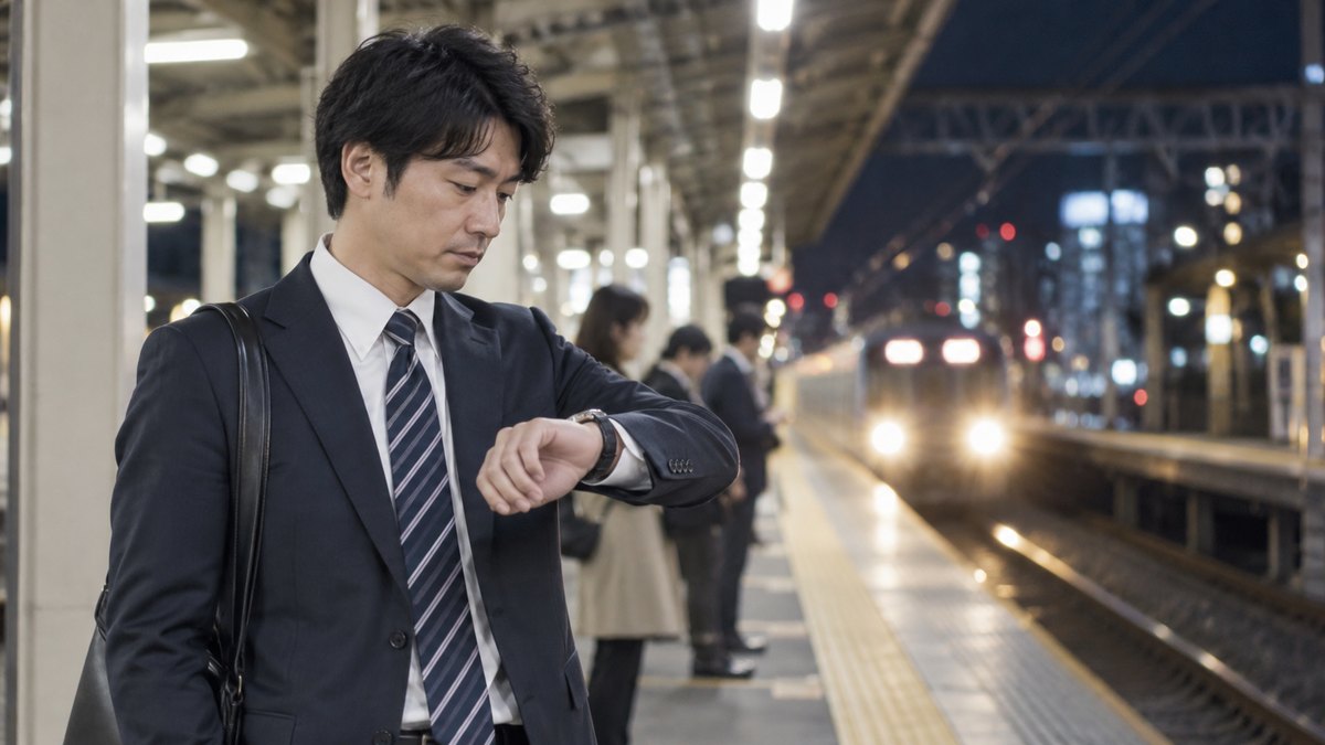 夜の駅のホームで、スーツ姿の30代の男性が腕時計に目をやりながら電車を待っている。ホームの照明と、ぼんやりした電車の光が見える。駅名や案内の文字は写っていない