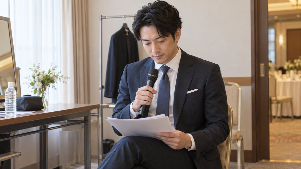 宴会場の控えの小部屋で、司会の30代の男性がひとり椅子に座り、ひざの上に置いた紙の台本に目を通しながら、ワイヤレスマイクを手に持っている
