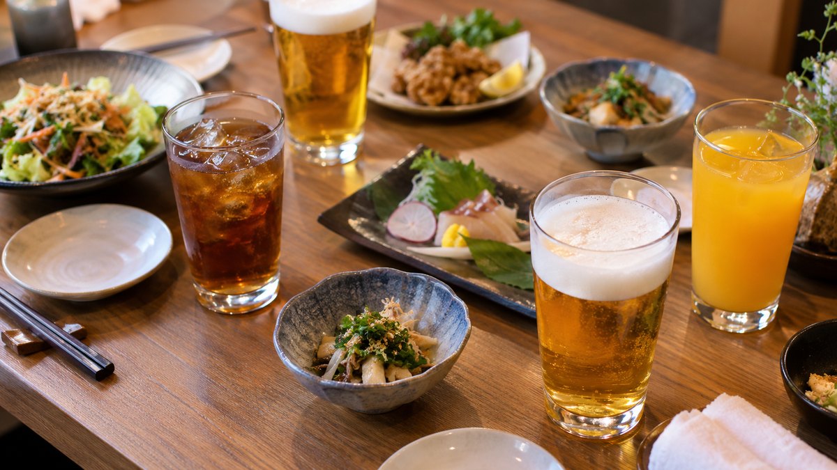 宴会のテーブルに並んだ、ビールとウーロン茶とオレンジジュースが注がれたグラスと、お通しの小鉢を、斜め上から写した様子。人の手は写っていない