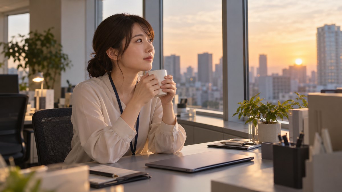 夕方のオフィスの自分の席で、20代の女性社員がノートパソコンを閉じたまま、両手でマグカップを包み、窓の外を見ながら考えごとをしている