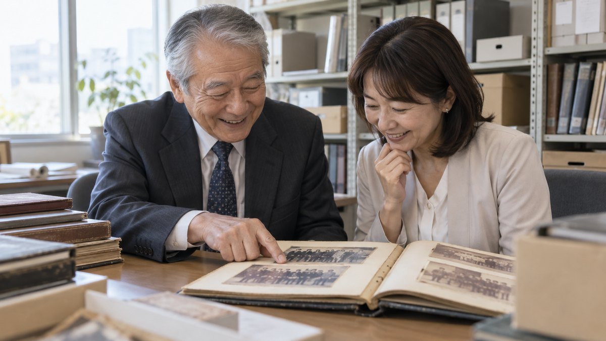 会社の資料室の机で、60代の男性と40代の女性社員が古いアルバムを広げ、色あせた集合写真をのぞき込んで懐かしそうに笑っている