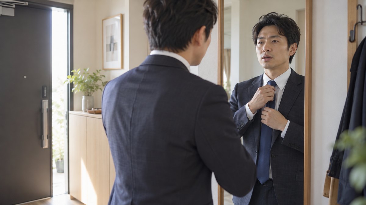 早朝の自宅マンションの玄関で、30代の男性が姿見の前でネクタイを整えながら、小さく口を動かして最初の一言を確かめている