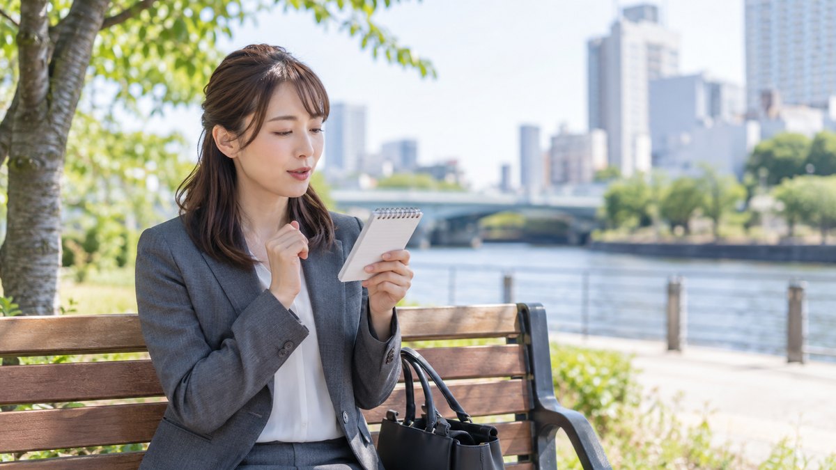 昼休みの川沿いの公園のベンチで、30代の女性会社員が小さなメモ帳を手に持ち、口元を少し動かして短い一言を練習している