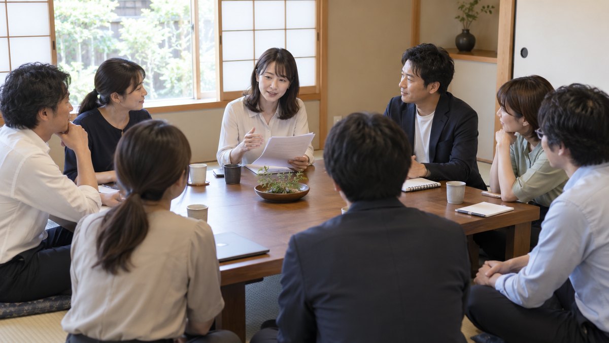 小さな和室の個室で、8人ほどの社員が座卓を囲み、座ったままの30代の女性司会者が手元のメモを見ながら穏やかに話し始めている