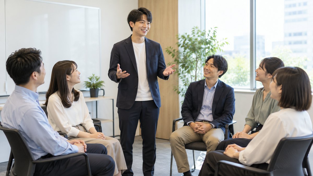 社内の小さな会議室で、6人の社員が椅子を輪にして座り、その中の1人の20代の男性が立ってひと言話し、ほかの人が笑顔で聞いている